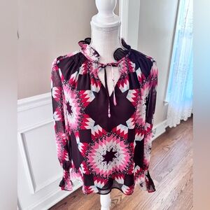 Loft women’s size small Garden Smocked Ruffle‎ Tie Neck Blouse